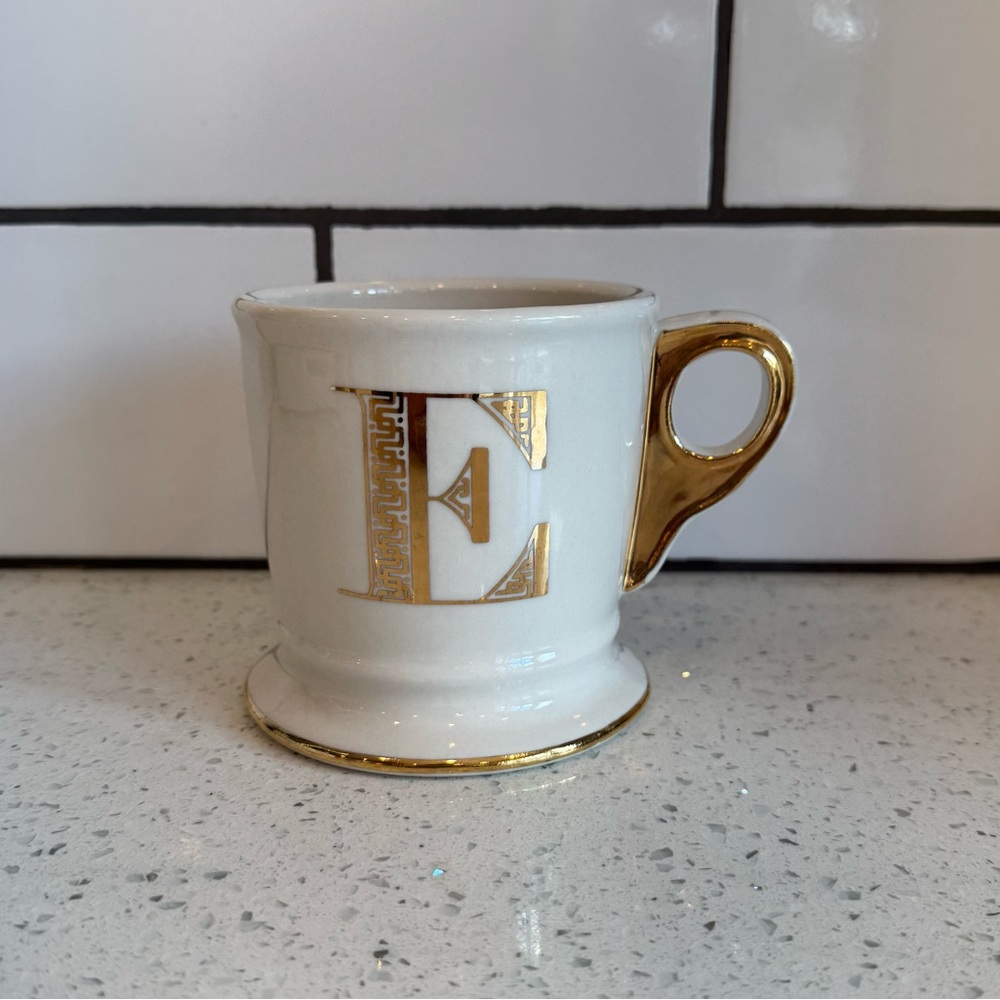 NWOT Anthropologie Gold “E” Monogram Mug White & Gold Handle